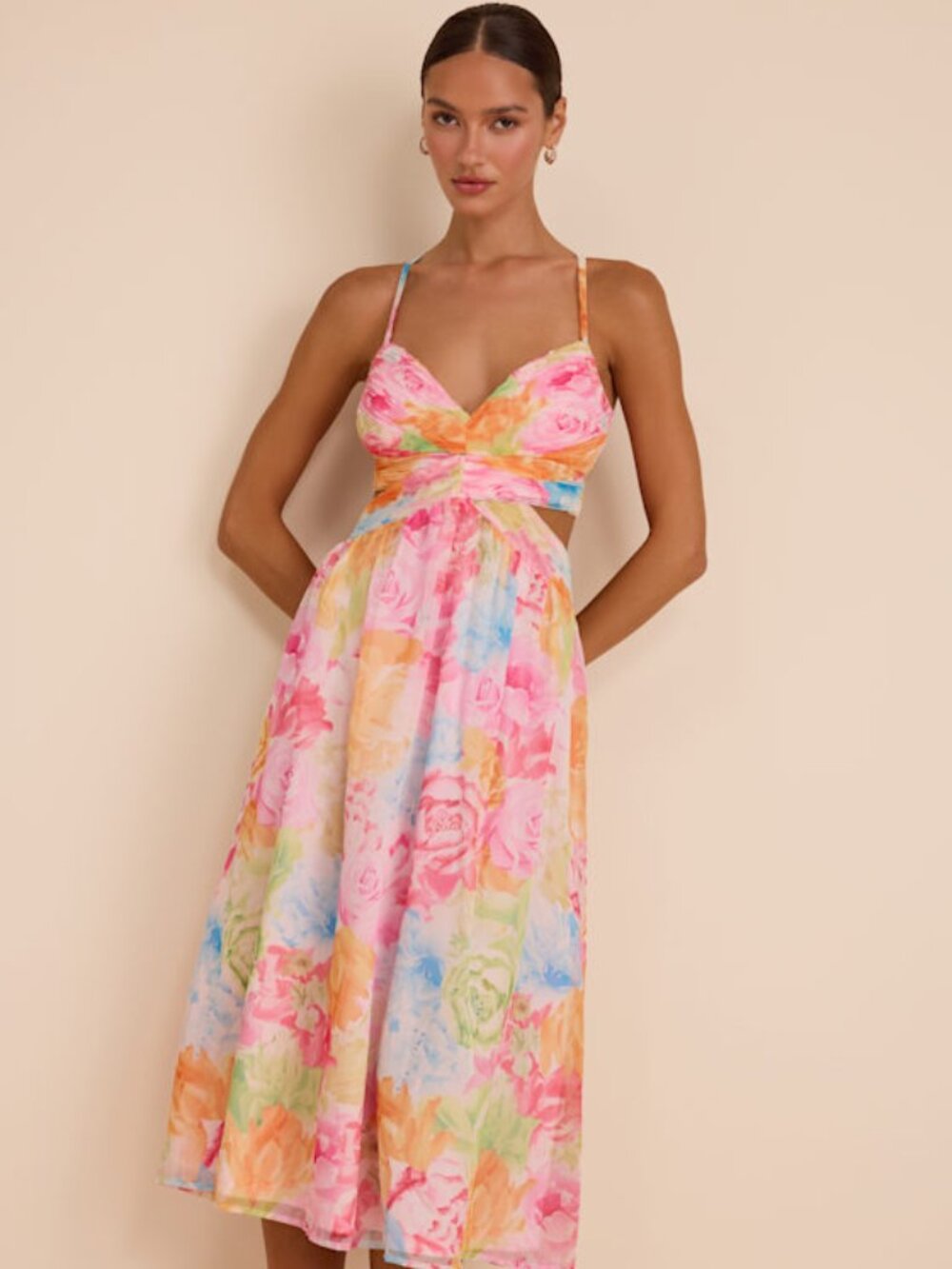 Lulus Ettalie Pink Multi Floral Lace-up Midi Dress - Size M